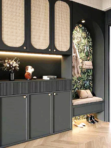 Mueble de <span class=keywords><strong>Entrada</strong></span> Integrado de Alta Gama Estilo Retro Americano, Mueble de Ratán para Zapatos y Consola de Pasillo, Gabinete para Colgar Abrigos y Almacenamiento - Product Image 2