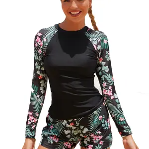 Nueva ropa deportiva, trajes de baño con estampado Floral, Bikinis de moda, ropa de playa para mujer, traje de neopreno de manga larga, traje de baño de dos piezas, traje de baño para niña