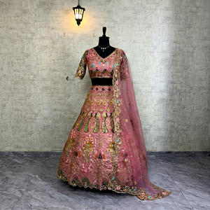 VISHNU K DESIGN LAHENGA CHOLI DUPATTA FLOOR-LENGTH VINTAGE BUTTERFLY <b>NET</b> SWEET PLAIN DYED NATURAL WAISTLINE MACHINE EMBROIDERY - Product Image 1