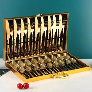 Chengli-Juego de cubiertos dorados con caja de madera, cuchara y tenedor de acero inoxidable de alta calidad, 36 piezas, 24 piezas