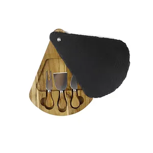 Cheese Stone Board Set Wholesale Fan-shaped Acacia And Swivel Black Slate Stone Cheese Board Set With 3 Pieces Knives