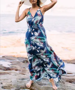 Moda popular Sexy Tropical Impressão Spaghetti Pescoço Floral Vestido Maxi vestido de praia Funda