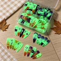 Faux ongles lumineux d'Halloween à presser, boîte de 4 compartiments, imprimés en 3D, longs stilettos, qui brillent dans le noir, motifs citrouille, araignée, fantôme