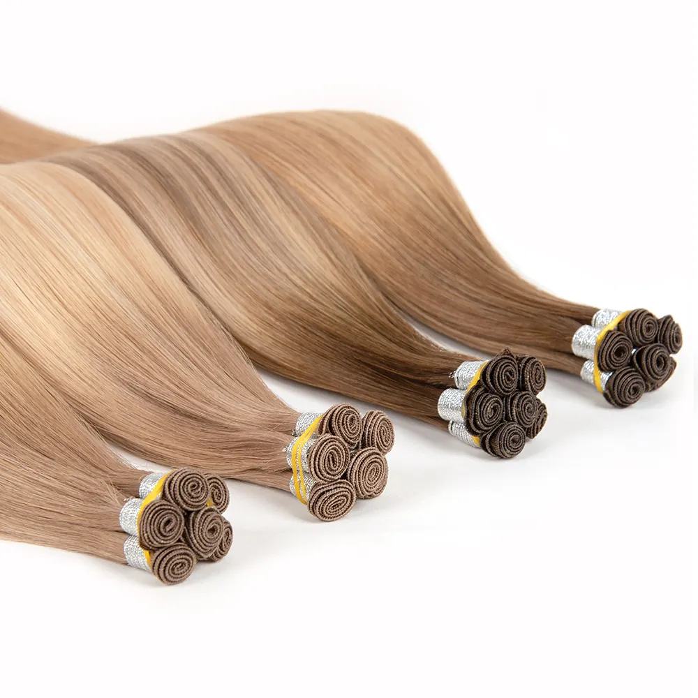 High end loira pacotes um doador duplo desenhado cabelo russo 24 polegadas mão amarrada trama extensões do cabelo humano
