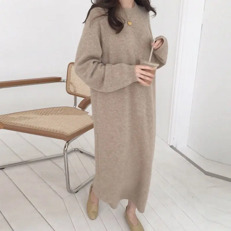 Горячая Распродажа 2021 корейские модные женские зимние плотные теплые кашемировые Повседневные платья Женский вязаный пуловер длинное платье-свитер из ангоры