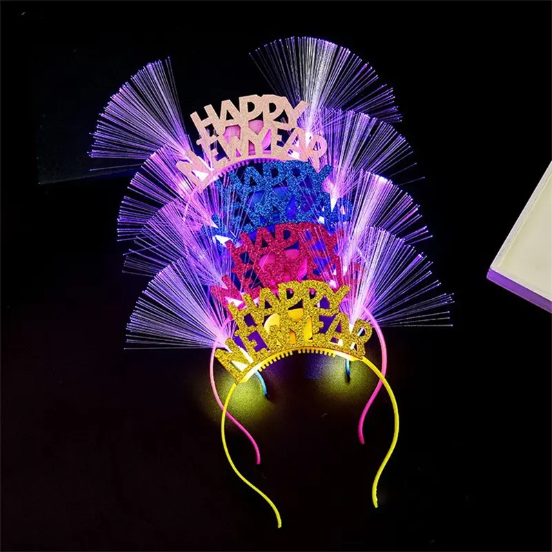 2024 Happy New Year Digital Crown Glowing Headband LED Hair Hoop New Year's Eve Party Props Flashing Fiber Optic Hair Bands