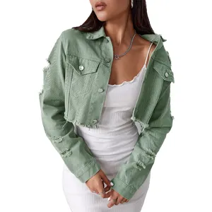 Custom jackets denim ripped raw trim button front crop denim jacket jean denim jacket women green colour