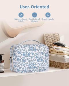 Blue Floral Waterproof Cosmetic <b>Bag</b> Portable Makeup Pouch Wash <b>Bag</b> with Handle - Product Image 3