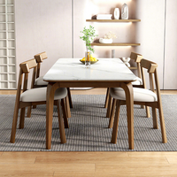 Ensemble de table à manger carrée en bois massif avec 6 chaises, couleur noyer, plateau en pierre, adapté aux petits appartements ou maisons