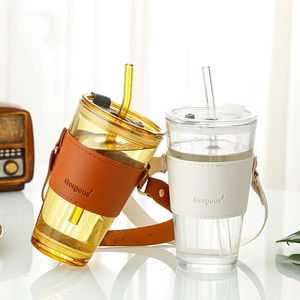 Tasses à café en verre anti-brûlure de 400 ml/450 ml avec paille, manchon en cuir portable et soucoupes à thé avec poignée – Vente en gros - Product Image 3