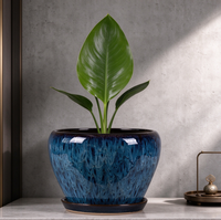 Pot de fleurs en céramique émaillée bleue effet four, grand modèle rond avec soucoupe, pour plantes d'intérieur