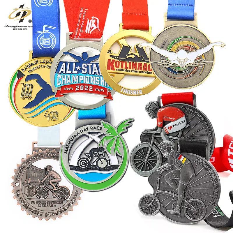 पुनर्नवीनीकरण पदक धातु 3d खेल का अंत पुरस्कार स्मारिका रोड माउंटेन बाइक के साथ कस्टम साइकिल चालन पदक तैराकी पदक रिबन