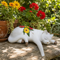 Estatua de Resina de Gato Durmiendo con Decoración Floral de Girasol, Figura de Poliresina Pintada a Mano, Escultura para Hogar y Jardín, Regalos de Gatos al por Mayor