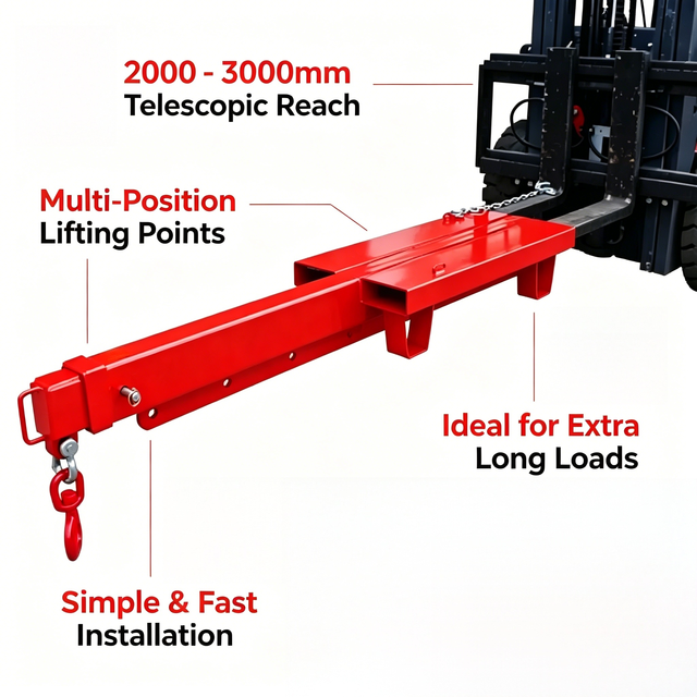 CF-ATTS Type FJBA Electric Drive Extendable Forklift Jib | 2000/4000kg Telescopic Crane Boom 11 Lifting Points 2000-3000mm Reach