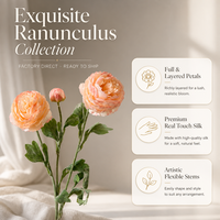 Bouquet de fleurs artificielles de mariage en ranunculus blanc à 3 têtes, avec feuilles floquées, pour la décoration de la maison, du vase ou comme centre de table