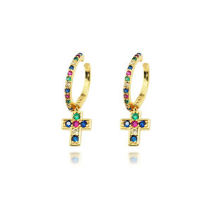 Foxi <span class=keywords><strong>Jewelry</strong></span> <span class=keywords><strong>Stock</strong></span> Envío rápido Rainbow Zircon Fashion Cuff Pendientes con colgante Cross Charm - Product Image 5