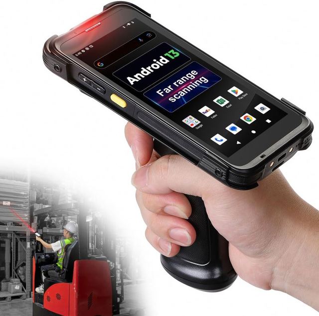 Far Range Distances Bar Code Scanner Android 13 Handheld Mobile Scanner with Pistol Grip Equipped with Honeywell N6803FR Engine