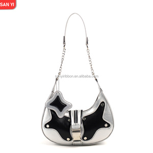 Stylish Punk Patchwork PU Leather Handbag Rivets Chains New Vintage Fashionable Underarm Shoulder <strong>Bag</strong> for Ladies Summer Winter - Product Image 3