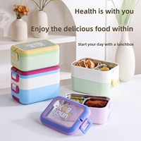 Boîte à bento double couche en acier inoxydable 304 avec couche intérieure amovible, anti-fuite, poignée dissimulée, couleur pastel, avec couverts, pour le bureau