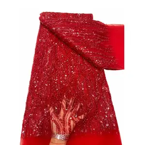 Tessuto di pizzo da sposa rosso perline di alta qualità con ricamo di paillettes tessuto di pizzo francese africano per tessuto abito da sposa