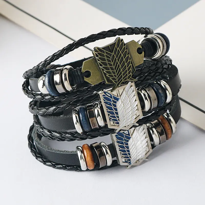 3 Designs Attrack on Tian Beaded Leather Bracelet Anime Woven Personality Alloy Braided Bracelet for fan Collection