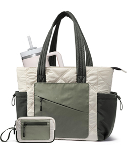<b>Large</b> Quilted Puffy Tote Handbag Lightweight Satchel <b>Purse</b> Shopping Bag with Cup Holder & Compartment - Product Image 1