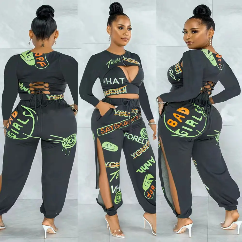 Latest street scrawl printed hollow out full sleeves two piece set straight leg pants with string sexy crop top split pant suits