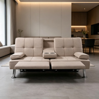 Canapé-lit convertible en lin beige, avec porte-gobelets et dossier réglable, idéal pour les petits appartements et les chambres d'hôtes, certifié BSCI