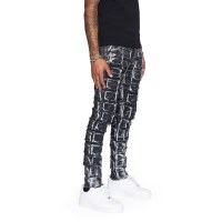Jean en denim déchiré pour homme, noir, patchwork, délavé à l'acide, coupe slim fuselée, style grunge streetwear, vente en gros personnalisée
