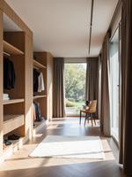 Meubles de chambre à coucher modernes et luxueux personnalisables, armoire ouverte en forme de U en panneau stratifié blanc, coiffeuse flottante pour usage hôtelier