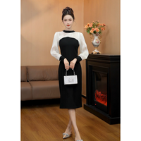 Robe midi femme 2049 noire et blanche à blocs de couleur, manches longues, maille transparente, élégante, moulante, pour le bureau ou les soirées