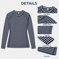 T-shirt de sport à manches longues pour femme en laine rayée, col rond, couche de base, logo personnalisé, doux, chaud, respirant, idéal pour la randonnée