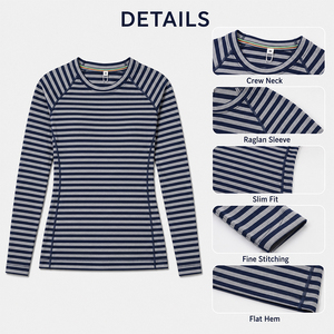 <b>Wool</b> Striped Women's Outdoor Long Sleeve T-Shirt Crew Neck Sports <b>Base</b> <b>Layer</b> Custom Logo Premium Soft Warm Breathable Hiking Tee - Product Image 3
