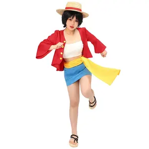 Luffy kostum Cosplay wanita monyet D. Luffy rok Mini seksi, kostum pesta topi jerami, kostum Anime untuk wanita