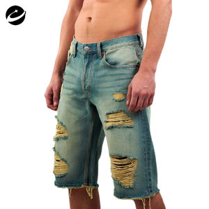 شورت جينز رجالي أصلي من XUCHANG بتصميم ممزق وحواف خام مغسول بطريقة المونكي مصنوع من القطن 100٪ - Product Image 3