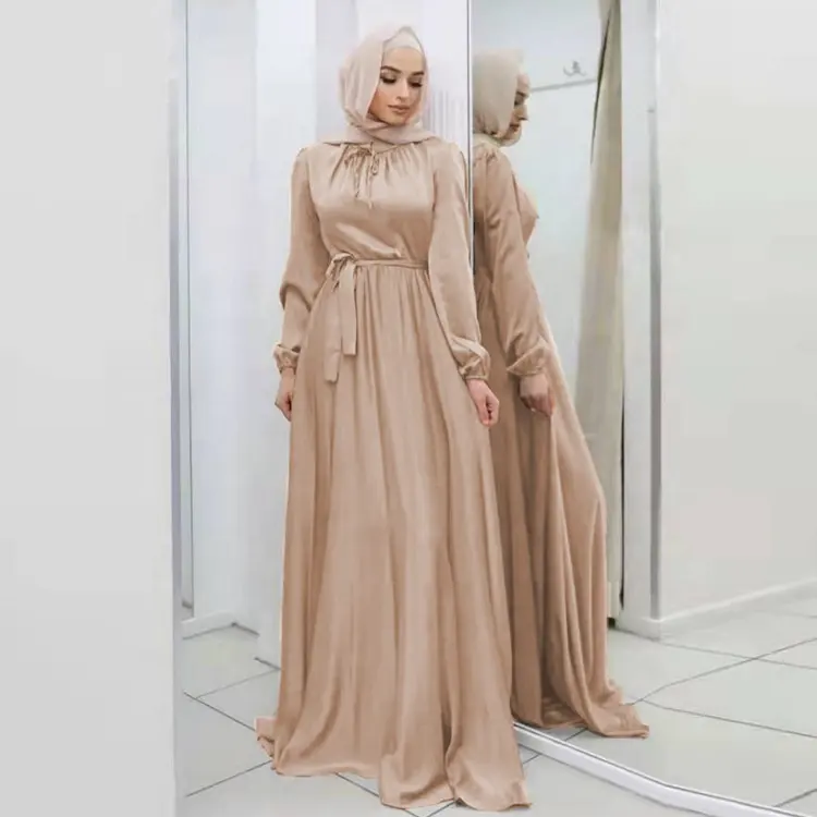 ドバイトルコアラブオマーン女性のためのエレガントなポリエステルドレスイスラム教徒の無地イスラムマキシ服イスラム教徒のドレスアバヤ