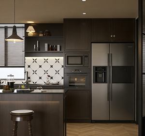 Ensemble d'armoires de cuisine éclectiques brun chocolat - Accents en laiton et îlot de bar, hub multi-zones chic pour les maisons de designers modernes - Product Image 3