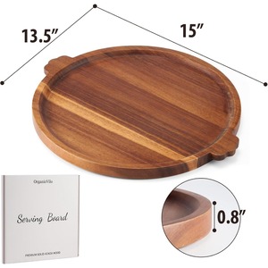 Plateau de service rond en bois d'acacia de 13 pouces avec poignées, plateau décoratif pour table basse ottoman, plateau de service à fromage en bois - Product Image 3
