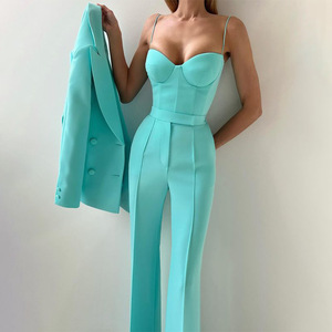 Conjunto de Otoño Azul Cielo <span class=keywords><strong>para</strong></span> <span class=keywords><strong>Mujer</strong></span> con Dos Botones, Top sin Tirantes, Chaqueta y Pantalones Casuales de Cintura Alta, Traje de 3 Piezas - Product Image 3