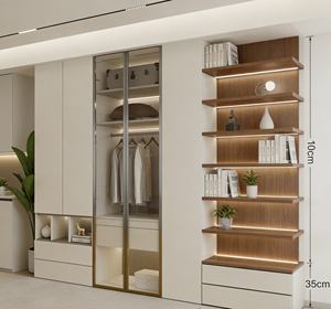 Armoire sur mesure BALOM haut de gamme moderne du sol au plafond avec porte en verre à bordure dorée et éclairage LED intégré - Product Image 6