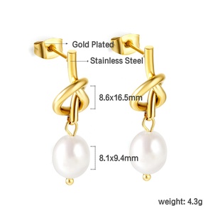 Pendientes de Perlas con Nudo Único de Acero Inoxidable Chapado en Oro de 18K, Joyería de Moda Elegante y Personalizada al por Mayor para Mujer - Product Image 2
