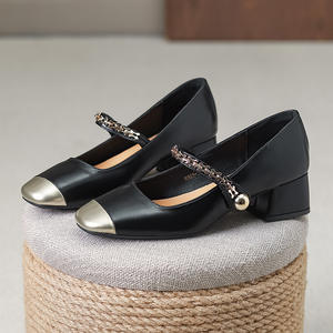 New Spring 2025 Women's <b>Shoes</b>: Color-blocked Square Toe <b>Chunky</b> Heel One-strap French-style Low-cut Leather <b>Shoes</b> - Product Image 2