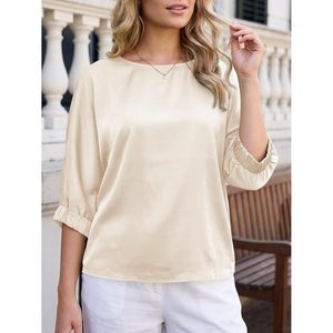 Womens Silk Satin Blouse Batwing Sleeve Loose Fit Boat Neck <b>Top</b> Work Casual Dressy Shirt 100% Silk Elastic Fabric - Product Image 2