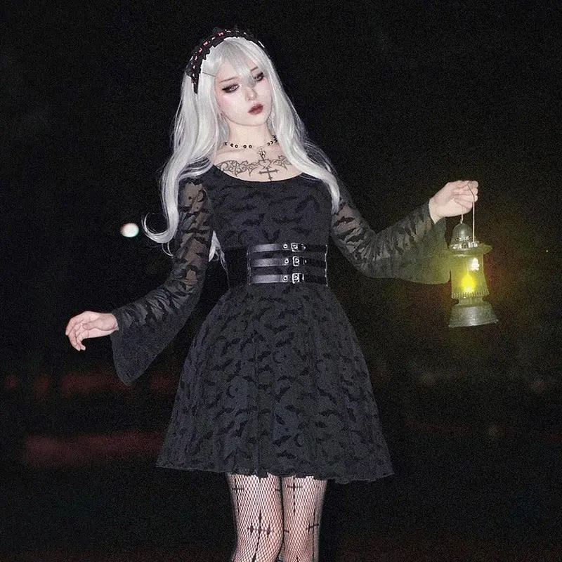 Midnight Partywear Women Sexy Gothic Contrast Patchwork Mini Dress 2022 Chic Halloween Costume Dress Undefined Streetwear