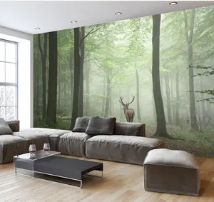 Zhihai Groene Bomen Mistig Bos Met Herten Fall Gele Bladeren Uv Print 8d Muurschildering Behang 3d