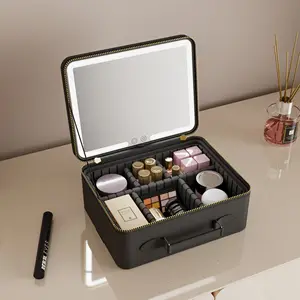 Lighted Pu Leather 3 Color Lighting Custom Logo Vanity Travel Makeup Divider Brush Board Cosmetic Bag Case With Led Light Mirror
