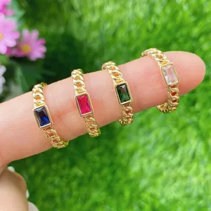 2024 New Fashion Simple Vintage Gold Plated Brass Link Chain Opening Ring Colorful Cubic Zircon Ring