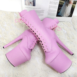 Bottines sexy à lacets 2025 avec cuir verni pailleté et talon super haut épais pour femmes - Product Image 4