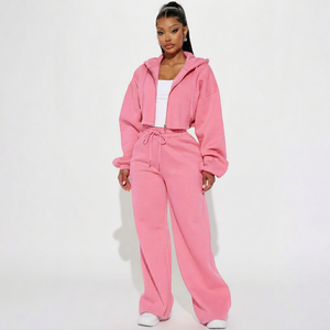 Custom <b>Cropped</b> <b>Zip</b>-<b>Up</b> Hooded Women's Cotton Hoodie and Pants Two-Piece Set Casual Sports Streetwear Short Coat Loose Fit - Product Image 1
