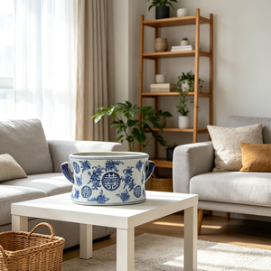 Vaso in ceramica blu e bianco con smalto craquelé fatto a mano, design tradizionale cinese Doppia <span class=keywords><strong>Felicità</strong></span>, con due manici, in porcellana. - Product Image 1